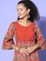 Thumbnail for All About You Women Orange & Green Floral Printed Bell Sleeves Gotta Patti Kurta - Distacart