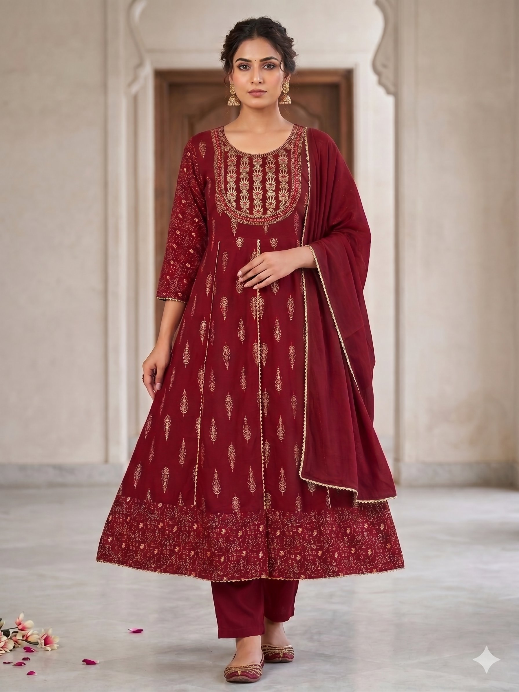 Teeya Creation Women's Maroon Fully Stitched Anarkali Kurta With Pant And Dupatta Set - Dista