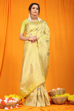 Thumbnail for Jyoti Fashion Women's Cream Kanjivaram Silk Zari Woven Saree with Blouse - Distacart