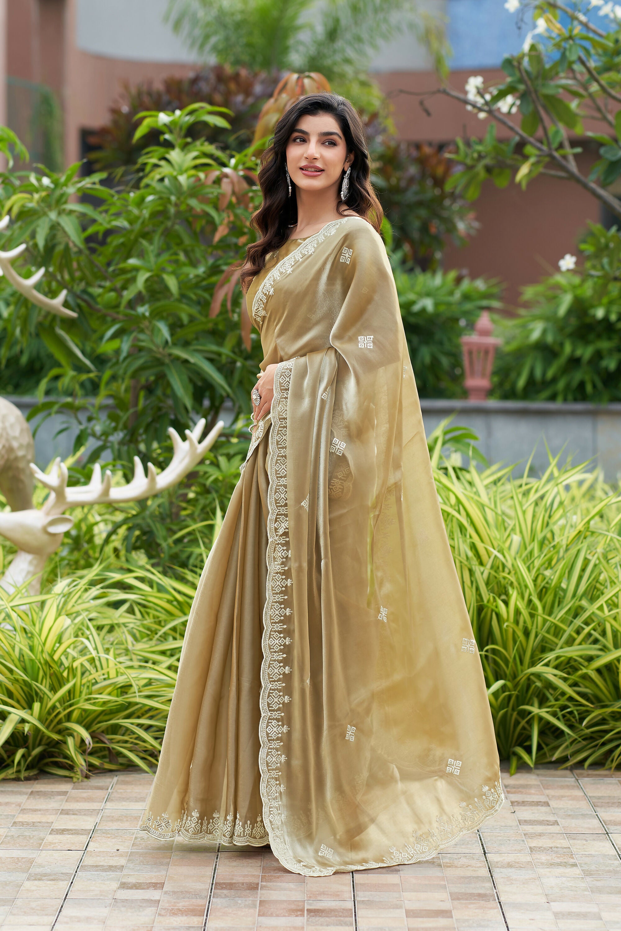 Vastranavya Beige Embroidery Work Shimmer Chiffon Saree with Unstitched Blouse