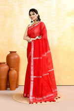 Thumbnail for Piyari Fashion Women's Red Embellished Cotton Blend Zari Border Handloom Saree - Distacart