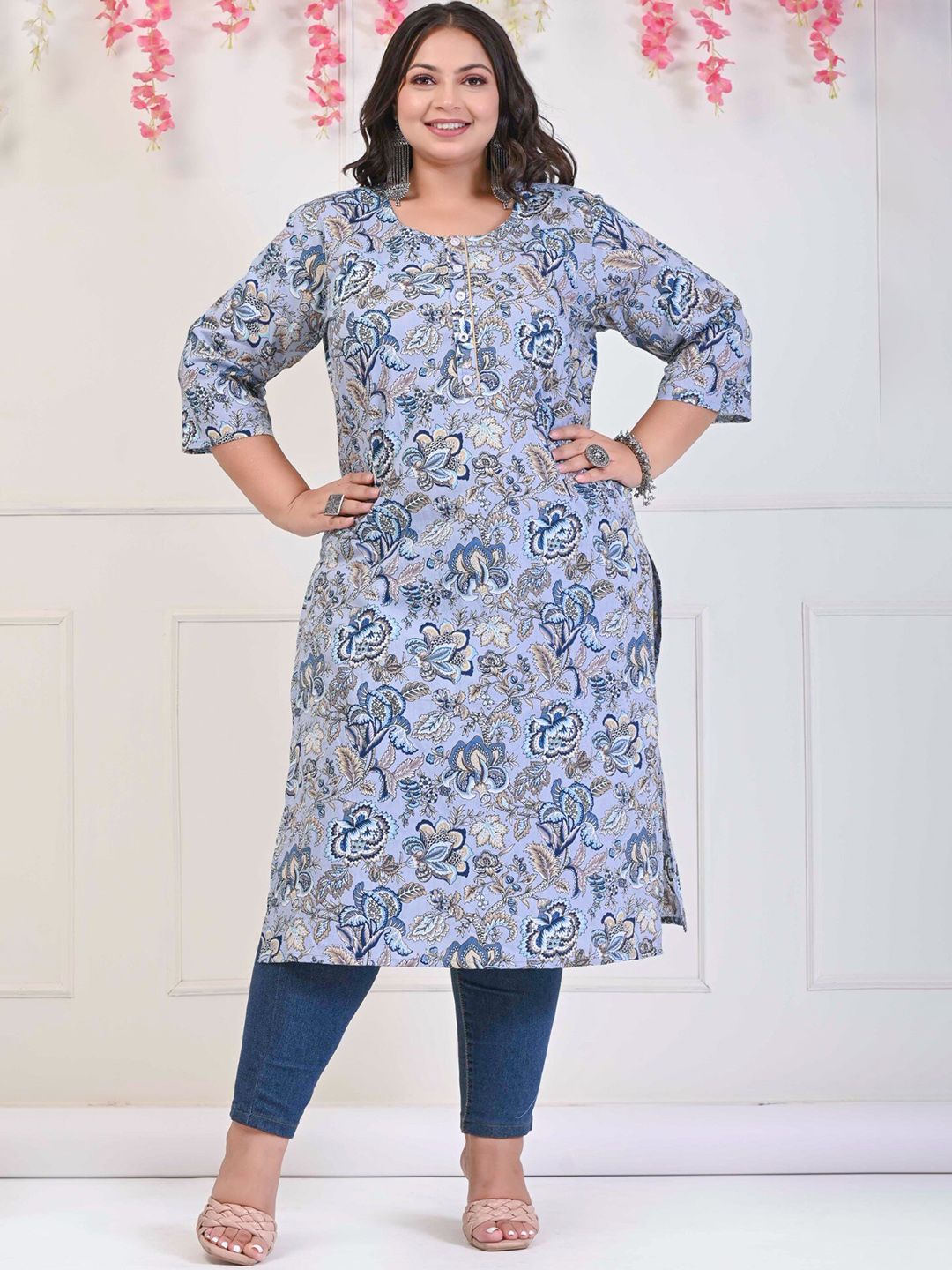 Swasti Plus Size Floral Printed Pure Cotton Kurta - Distacart