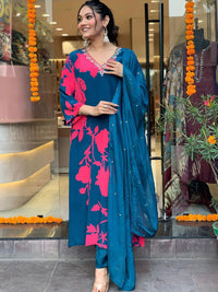 Thumbnail for Kalini Floral Printed V-Neck Beads and Stones Kurta With Trousers & Dupatta - Distacart