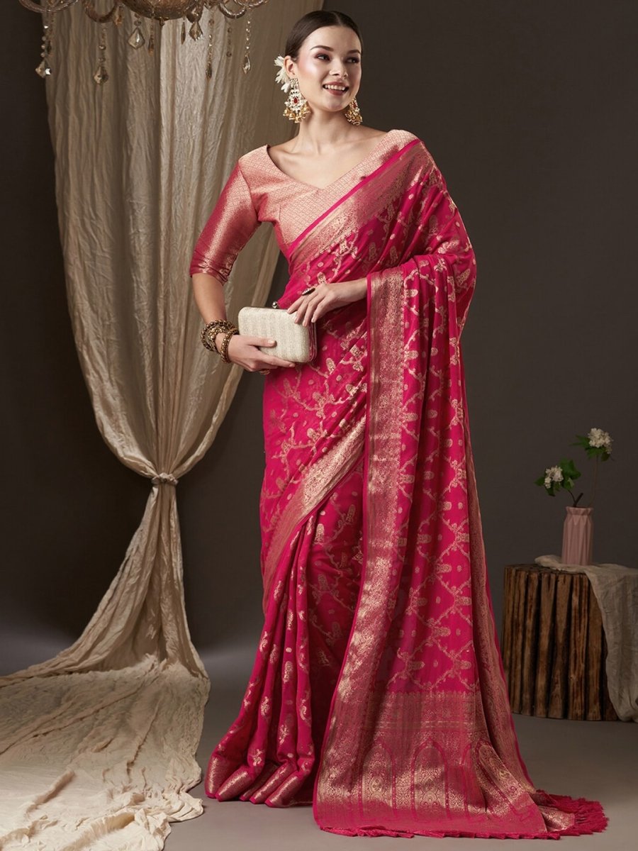 Anouk Pink & Gold-Toned Woven Design Zari Pure Georgette Kanjeevaram Saree - Distacart