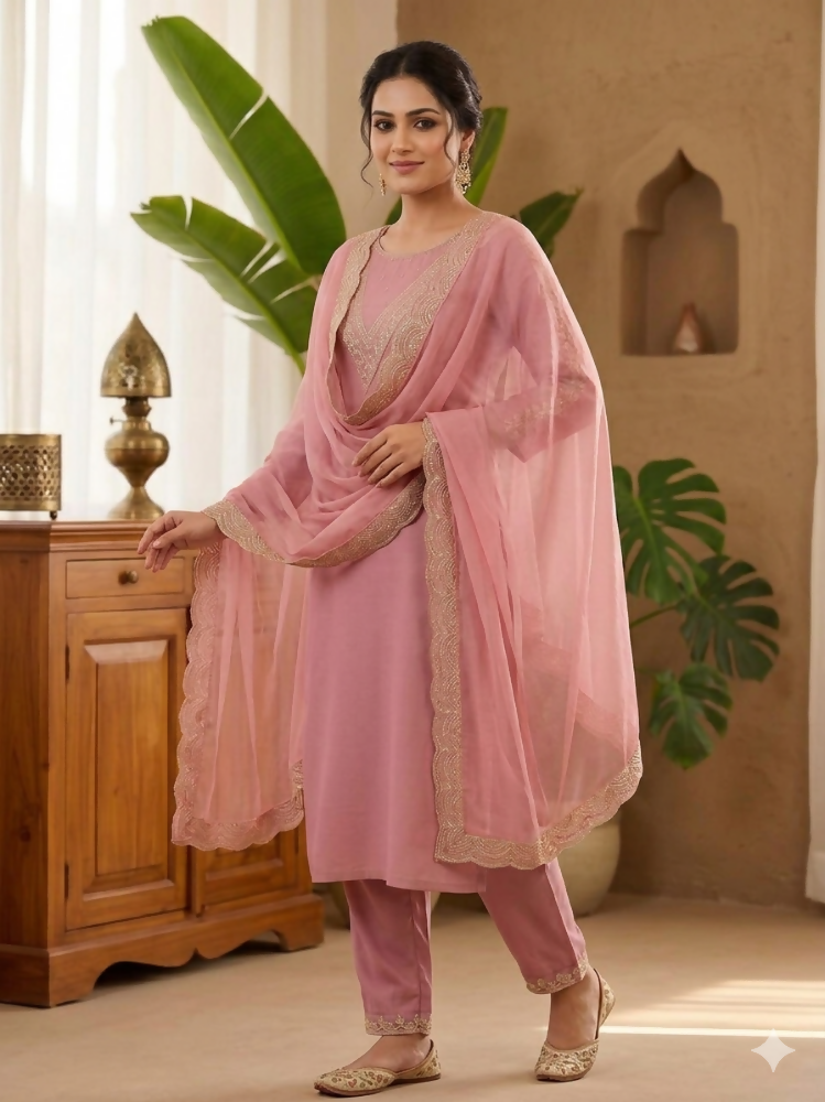 Teeya Creation New Womens Peach Straight Cut Kurta Set with Scalloped Embroidered Organza Dupatta Set - Dista