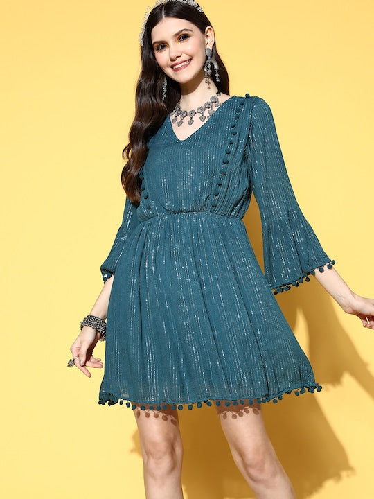 InWeave Teal Lurex Dress With Lace - Distacart