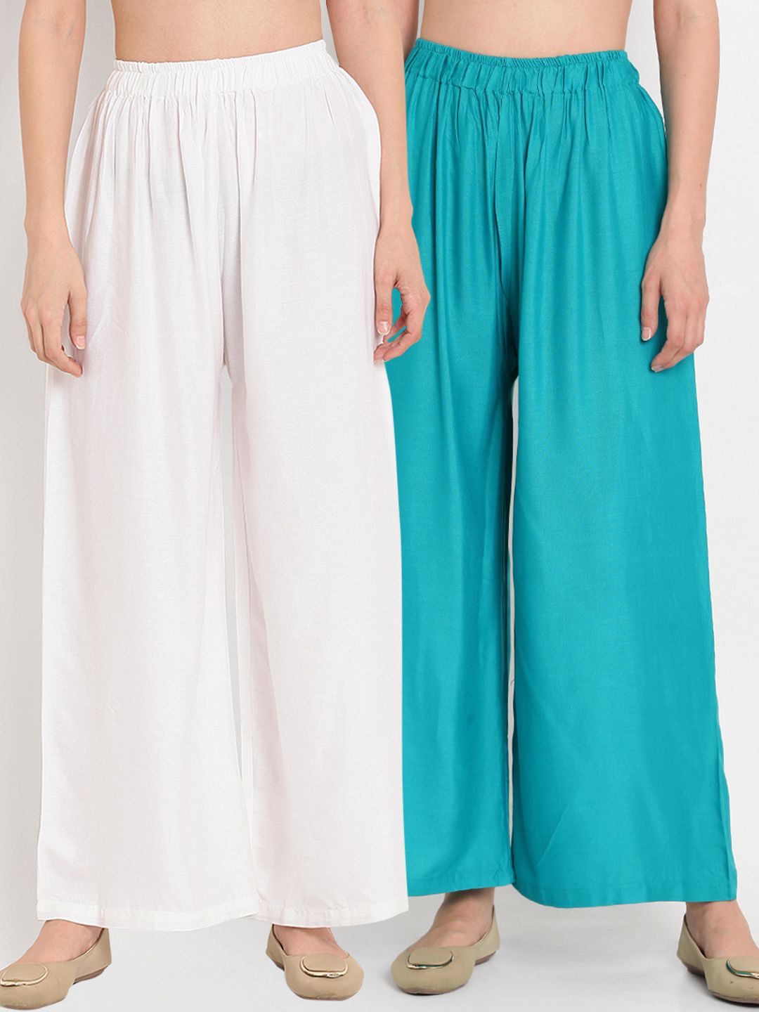 TAG 7 Women Pack Of 2 White & Teal Blue Solid Flared Palazzos - Distacart