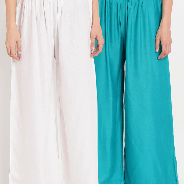 TAG 7 Women Pack Of 2 White & Teal Blue Solid Flared Palazzos - Distacart
