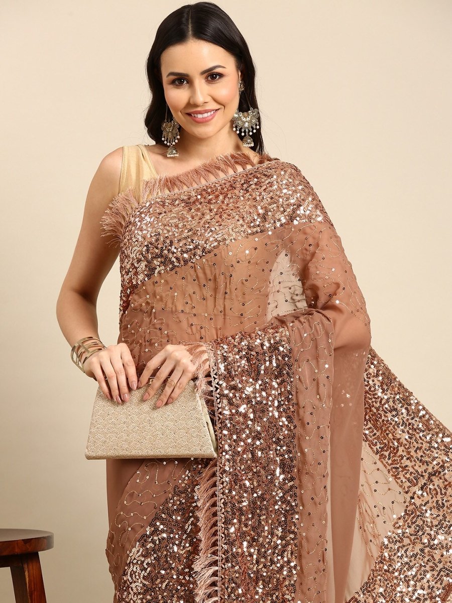 Anouk Nude-Coloured & Gold-Toned Sequin Embellished Pure Georgette Saree - Distacart