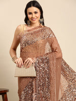 Thumbnail for Anouk Nude-Coloured & Gold-Toned Sequin Embellished Pure Georgette Saree - Distacart