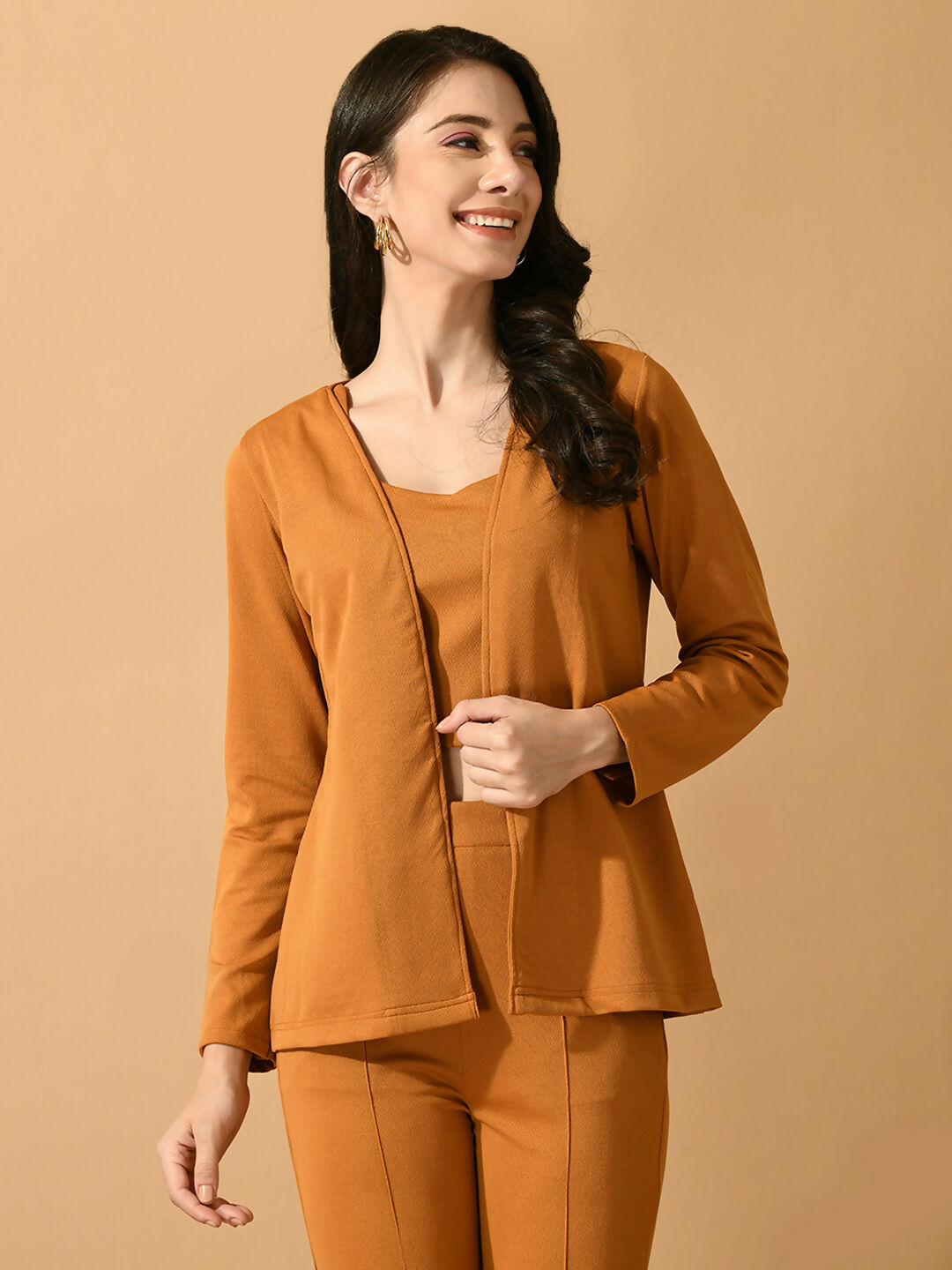 Myshka Women's Mustard Solid Coat With Trousers - Distacart