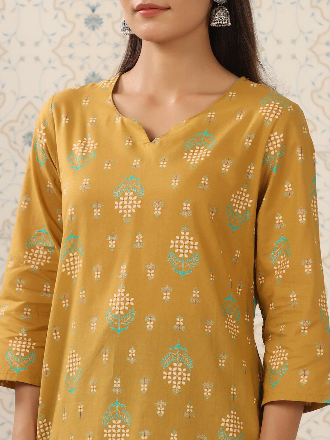 Ode by House of Pataudi Mustard Yellow & Teal Printed Pure Cotton Kurta with Palazzos - Distacart