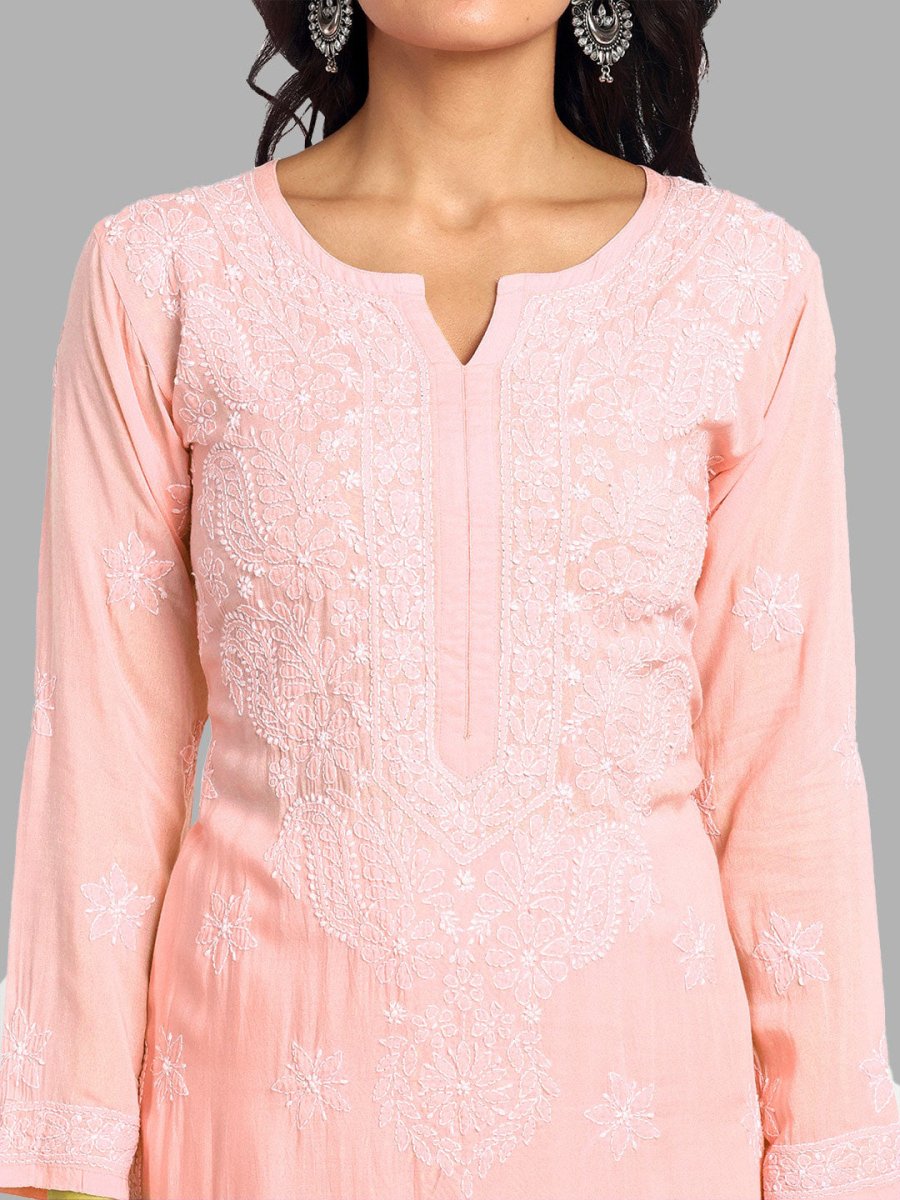 ADA Floral Embroidered Long Sleeves Regular Lucknowi Chikankari Kurta With Palazzos - Distacart