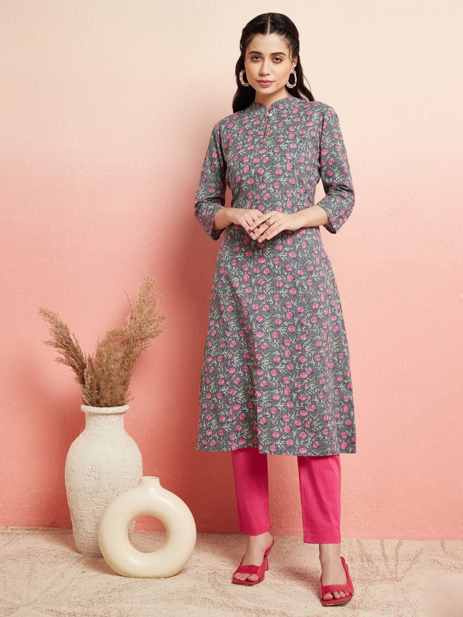 Aks Floral Printed Mandarin Collar Cotton Anarkali Kurta - Distacart