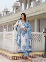 Thumbnail for Kalini Floral Yoke Design V-Neck Panelled Cotton Anarkali Kurta With Trousers & Dupatta - Distacart