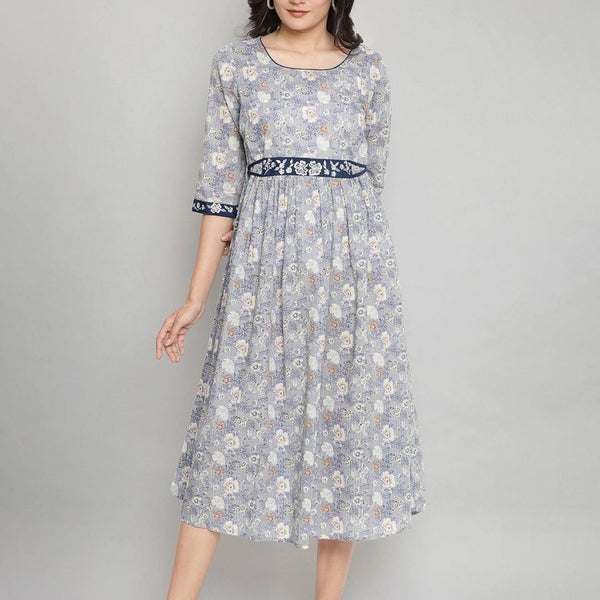 AURELIA Grey Floral Printed Midi Pure Cotton Dress - Distacart