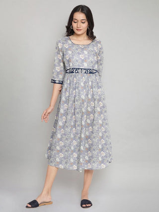 AURELIA Grey Floral Printed Midi Pure Cotton Dress - Distacart