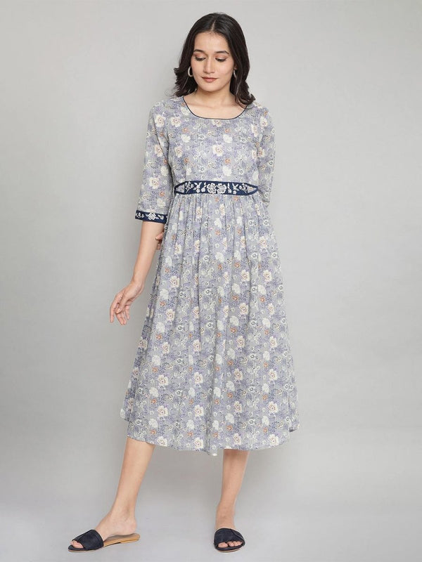 AURELIA Grey Floral Printed Midi Pure Cotton Dress