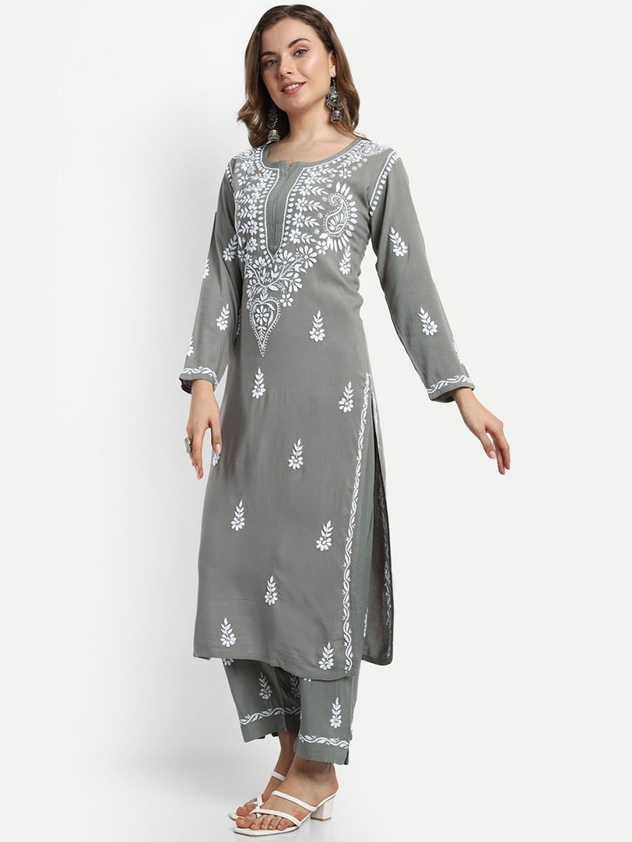 ADA Ethnic Motifs Embroidered Lucknowi Chikankari Kurta with Trousers - Distacart
