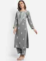 Thumbnail for ADA Ethnic Motifs Embroidered Lucknowi Chikankari Kurta with Trousers - Distacart