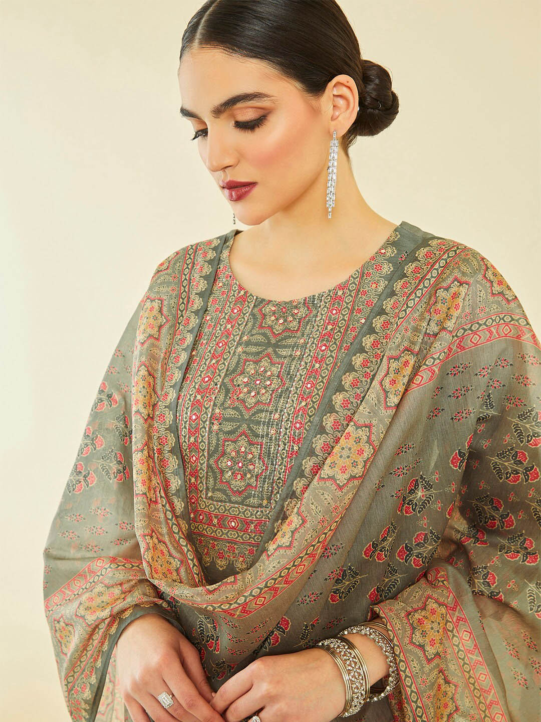 Soch Ethnic Motifs Printed Sequinned Thread Work Kurta with Trousers & Dupatta - Distacart