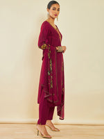 Thumbnail for Soch Maroon Floral Printed Beads and Stones Kurta With Trousers & Dupatta - Distacart