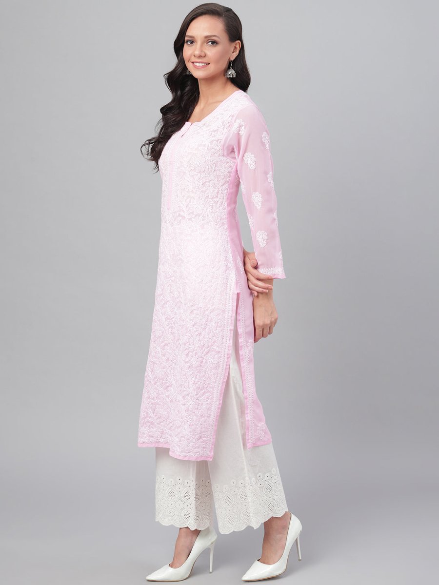 ADA Women Pink & White Chikankari Hand Embroidered Straight Sustainable Handloom Kurta - Distacart