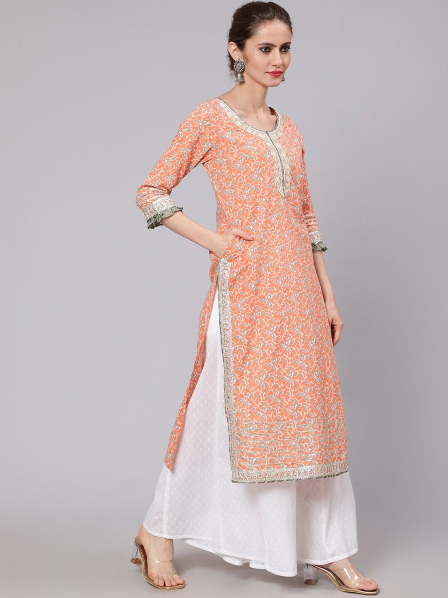 Aks Floral Printed Round Neck Cotton Straight Kurta - Distacart