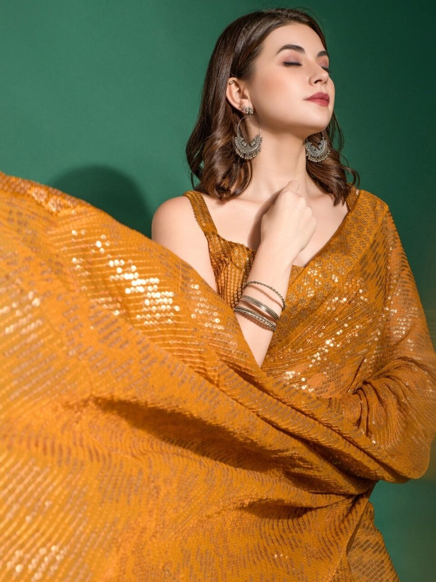 Anouk Mustard Embellished Sequinned Pure Georgette Saree - Distacart