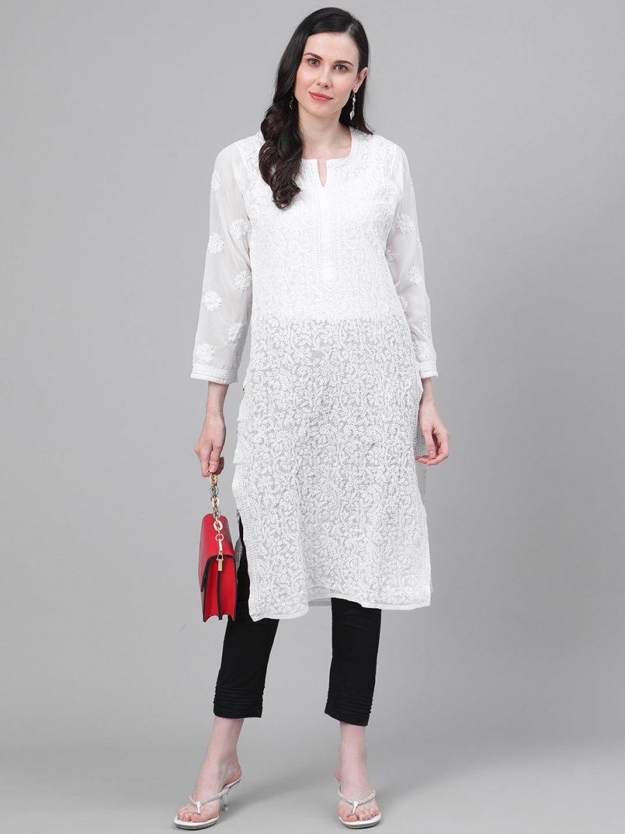 ADA Women White & Black Chikankari Embroidered Sustainable Handloom Kurta with Trousers - Distacart
