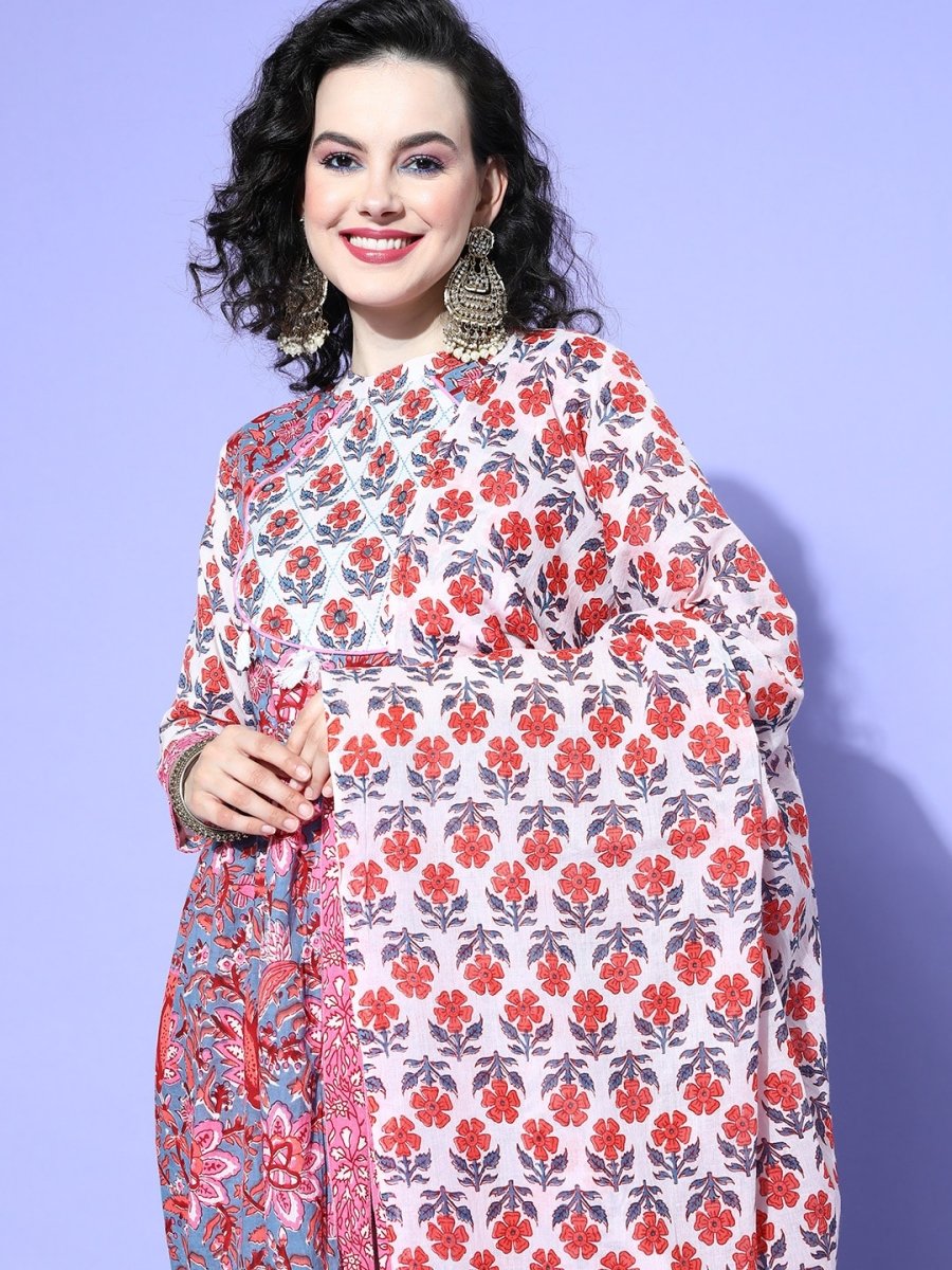 All About You Floral Printed Mirror Work Pure Cotton Kurta With Trousers & Dupatta - Distacart