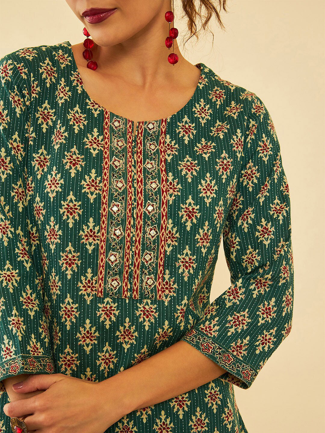 Soch Ethnic Motifs Printed Cotton Yoke Design Round Neck Mirror Work Kurta - Distacart