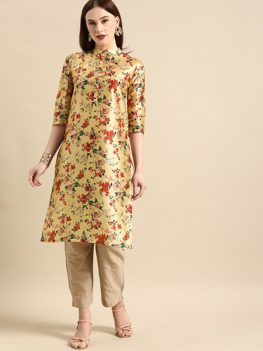All About You Women Mustard Yellow & Red Floral Print Chanderi Silk Blend Straight Kurta - Distacart