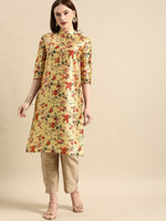 Thumbnail for All About You Women Mustard Yellow & Red Floral Print Chanderi Silk Blend Straight Kurta - Distacart