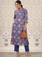 Thumbnail for Ode by House of Pataudi Blue Floral Printed Regular Pure Cotton Kurti with Trouser - Distacart