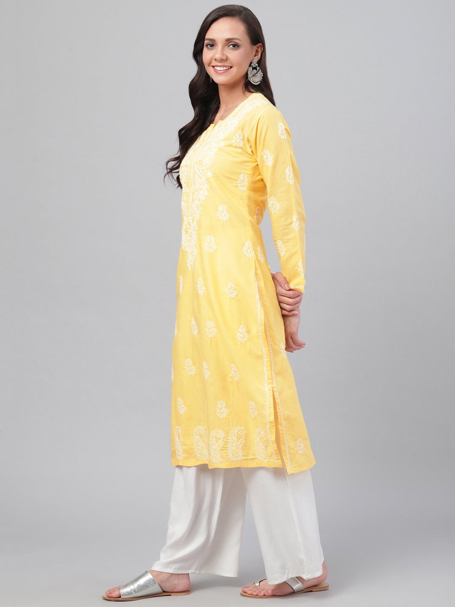 ADA Women Yellow & White Chikankari Hand-Embroidered Straight Kurta - Distacart