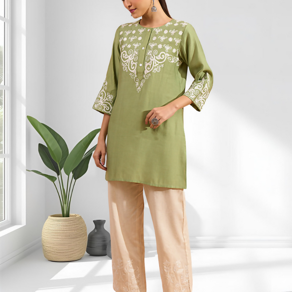 Joban Fashion Green Silk Embroidered Readymade Tunic - Distacart