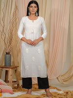 Thumbnail for Ode by House of Pataudi Floral Embroidered Tie-Up Neck Thread Work Straight Kurta - Distacart