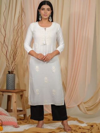 Ode by House of Pataudi Floral Embroidered Tie-Up Neck Thread Work Straight Kurta - Distacart