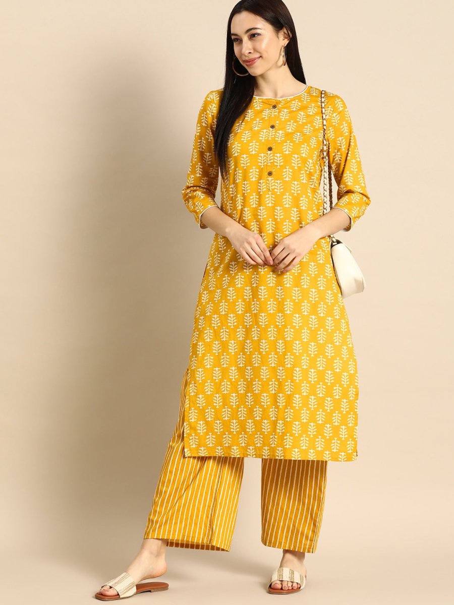 Anouk Women Yellow & White Printed Kurta with Palazzos - Distacart