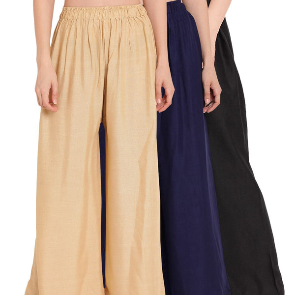TAG 7 Women Pack of 3 Solid Wide Leg Palazzos - Distacart