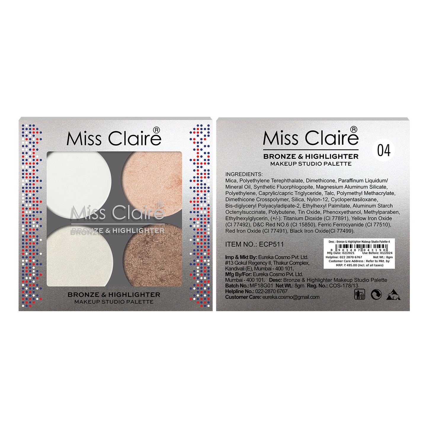 Miss Claire Bronze & Highlighter Makeup Studio Palette - 4 - Distacart