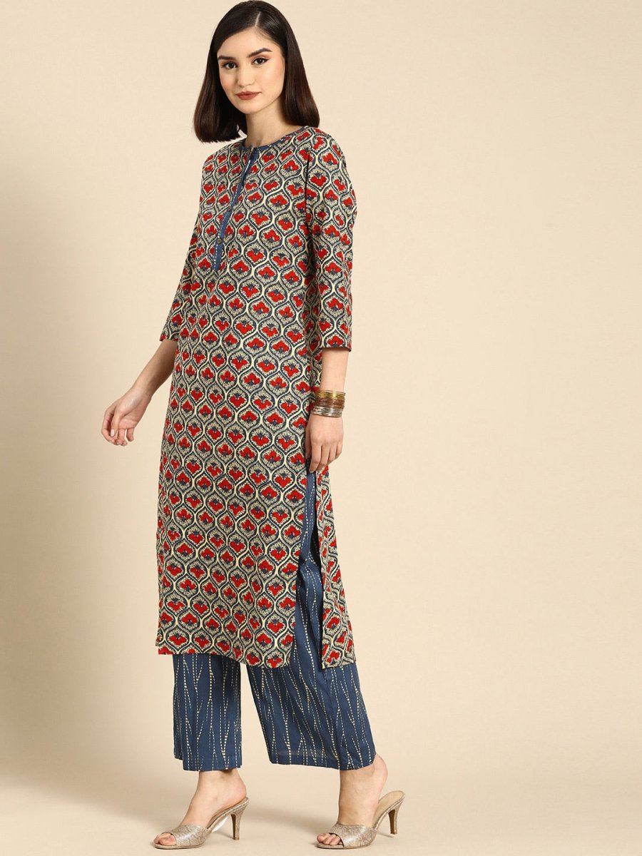 Anouk Women Blue Ethnic Motifs Printed Regular Pure Cotton Kurta With Palazzos & Dupatta - Distacart