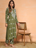 Thumbnail for HOUSE OF KARI Floral Embroidered Thread Work Pure Cotton Kurta with Trousers - Distacart