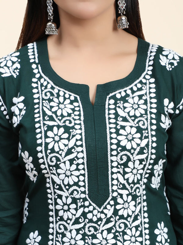 HOUSE OF KARI Women Green Floral Embroidered Chikankari Kurta with Palazzos - Distacart