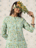 Thumbnail for Ode by House of Pataudi Floral Printed Band Collar Pure Cotton Kurta - Distacart