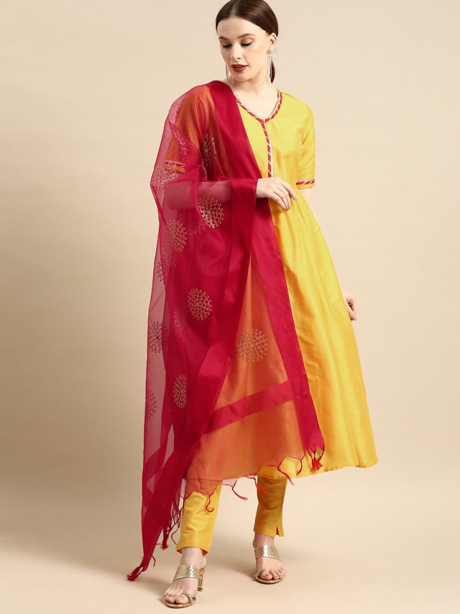 All About You Women Yellow & Red Gotta Patti Kurta with Trousers & With Dupatta - Distacart