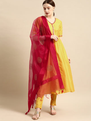 All About You Women Yellow & Red Gotta Patti Kurta with Trousers & With Dupatta - Distacart