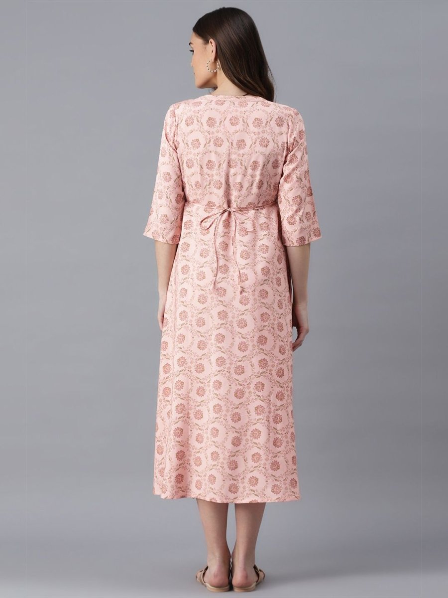 AURELIA Peach-Coloured Floral Ethnic A-Line Midi Dress