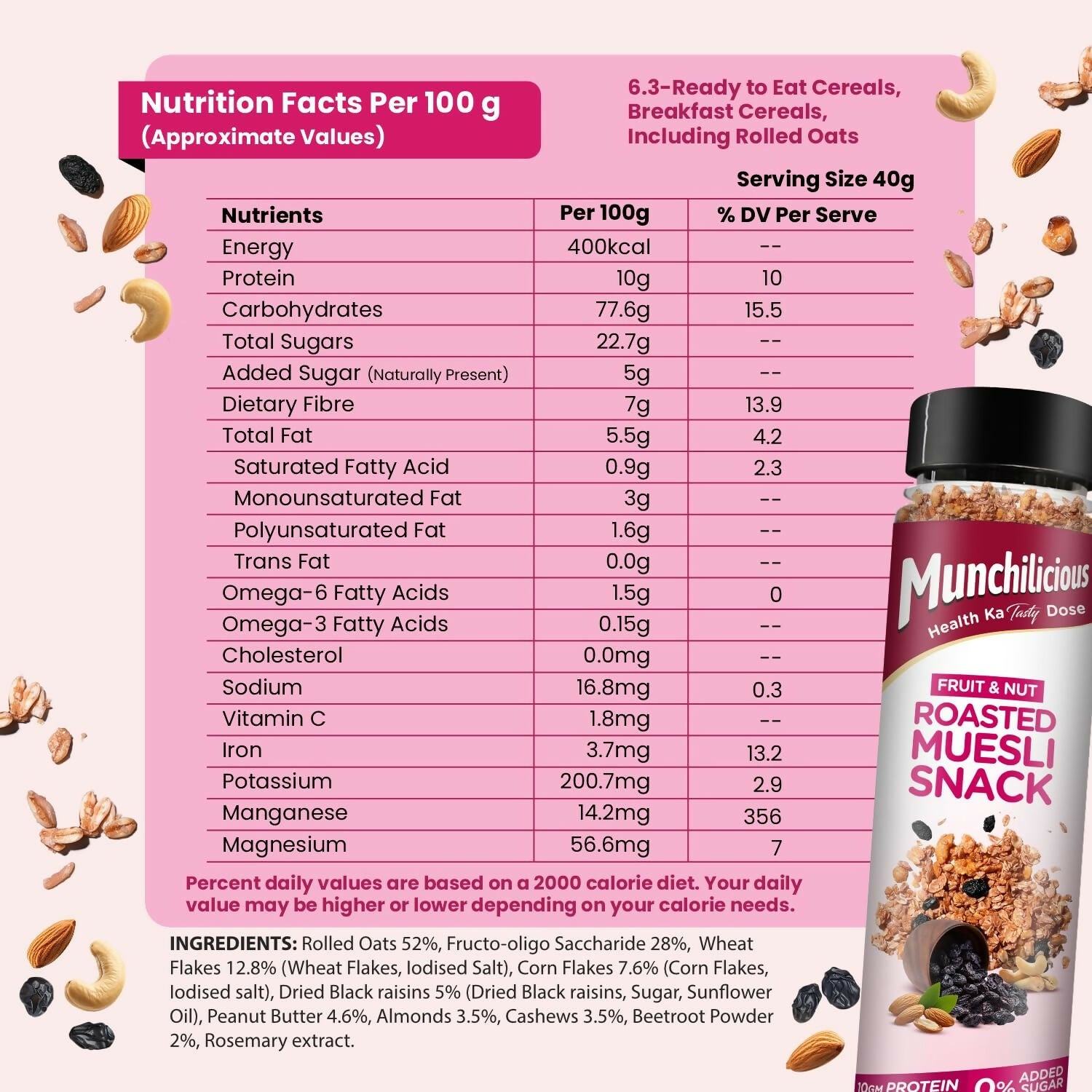Munchilicious Muesli – Fruit & Nut Roasted Rolled Oats, Raisins, Almonds, Cashews & Peanut Butter - Distacart